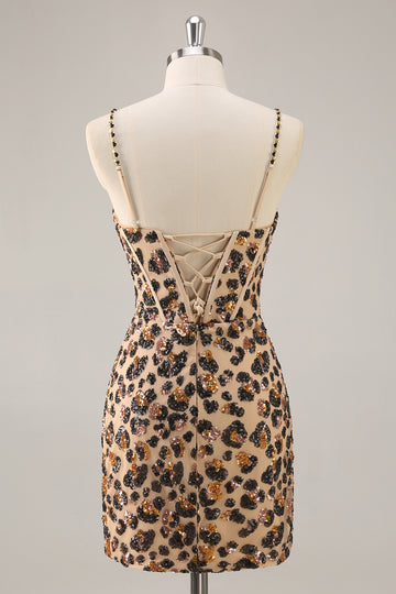 Kahki Leopard Corset Bodycon Short Homecoming Dress with Sequins